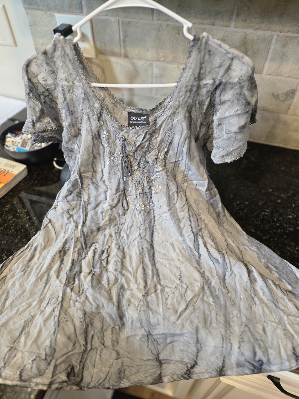 Sakkas Gray Short Sleeve Embellished Tunic with Tie Front